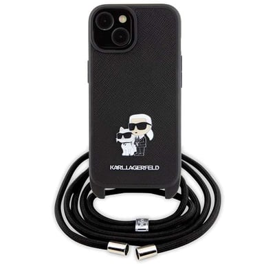 Étui Karl Lagerfeld pour iPhone 15 6.1'' étui rigide noir Crossbody Saffiano Metal Pin Karl & Choupette