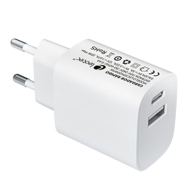 LEOTEC CARICABATTERIE 20W RICARICA RAPIDA 1 USB TYPE-C PD 1 USB-A BIANCO