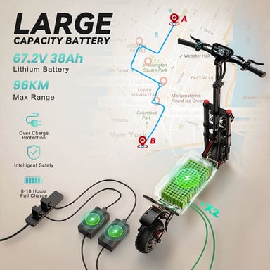 Patinete Eléctrico FENGQS GT8 PRO, Motor 2800W*2, Batería 67.2V 38Ah, Neumáticos 11 pulgadas, Velocidad Máx. 80km/h, Autonomía 90km, Frenos de Disco Hidráulicos, Sistema de Doble Suspensión, Pantalla LCD
