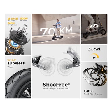 Patinete Eléctrico Ausom K30 VMP, Motor 1100W y Batería 648Wh, Autonomía 70km, Suspensión ShocFree, Bloqueo Inteligente NFC, Patinete Plegable para Adultos
