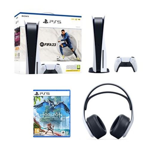 Pack Consola Estándar Sony PS5 + FIFA 23 + Horizon Forbidden West + Auriculares  Inalámbricos Sony Pulse 3D - Sony