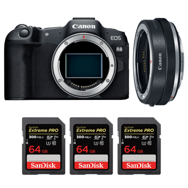 Appareil photo hybride Canon EOS R8 + EF-EOS R Premium + 3 SanDisk 64GB Extreme PRO UHS-II + Ebook ''20 astuces pour des images qui claquent''
