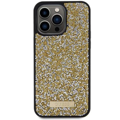 Étui Guess pour iPhone 15 Pro 6.1'' jaune étui rigide Rhinestone Metal Logo