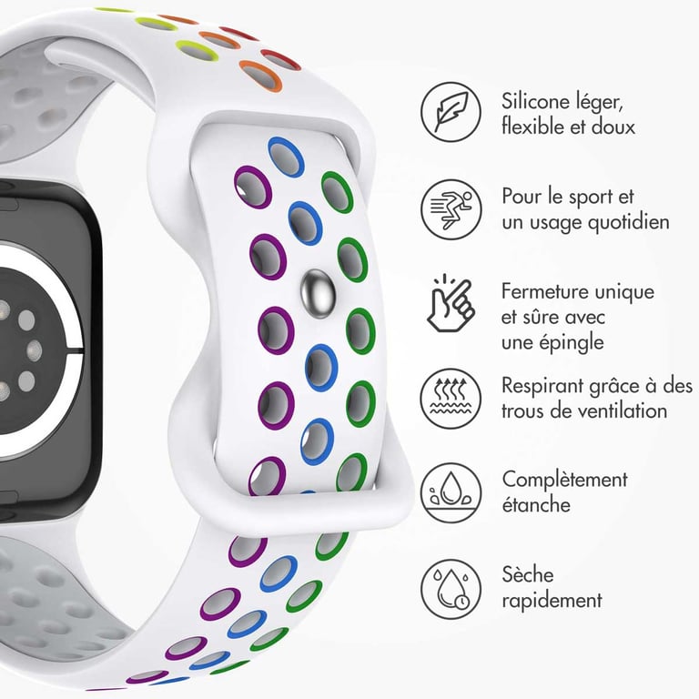 imoshion Bracelet sport? pour Apple Watch Series 1 á 9 / SE (38/40/41 mm) | Series 10 (42 mm) - Taille S/M - White Rainbow - Neuf