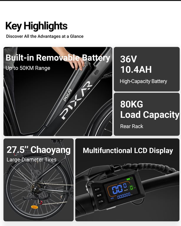 Vélo électrique urbain PIXAR City1 pneus 27 5 moteur batterie 36 V 10 4 Ah Neuf - vue 3