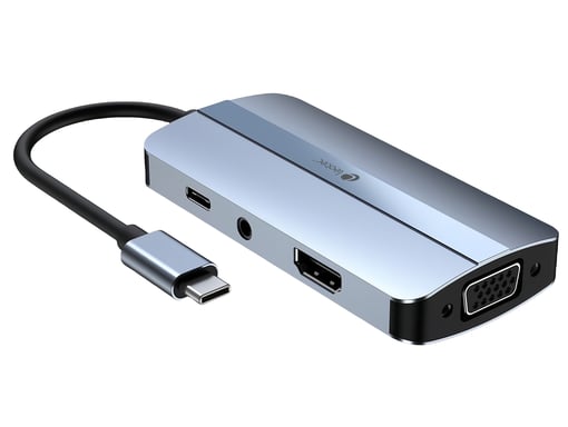 Leotec 7 in 1 da USB-C a 1xHDMI, 1xVGA, 1xUSB-A 3.0, 1xUSB-A 2.0, 1xUSB-C, 1x USB-C PD, 1xadattatore audio - Grigio