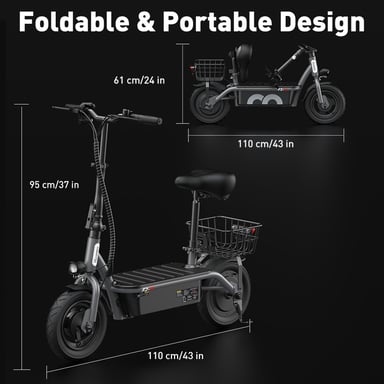 Patinete eléctrico plegable iScooter F2 de 500 W con asiento para adultos, patinete eléctrico de 10 pulgadas con cesta y pedales anchos, 36 V y 7,8 Ah