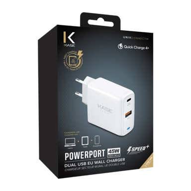 Chargeur secteur mural UE double USB universel PowerPort Speed+ Charge Rapide 45W (QC 4+/Power Delivery), Blanc