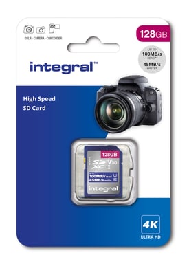 Integral INSDX128G-100V30 SCHEDA SD da 128 GB SDXC UHS-1 U3 CL10 V30 FINO A 100MBS Lettura 45MBS Scrittura 128 Go UHS-I