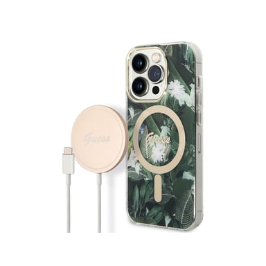 Cover in bundle per iPhone 14 Pro Motif Jungle e Caricabatteria wireless Qi MagSafe 15W