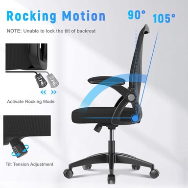 Chaise de bureau ergonomique avec accoudoir relevable à 90°, support lombaire, chaise de bureau avec siège rembourré-noir