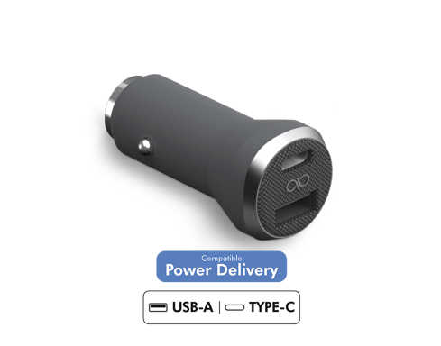 Double Chargeur voiture USB A+C PD 37W (12+25W) Power Delivery Garanti à vie Gris Force Power