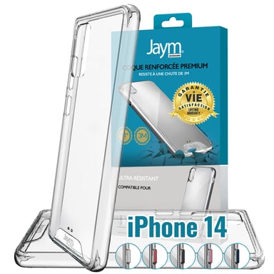 JAYM - Coque Ultra Renforcée Premium pour Apple iPhone 14 - Compatible Magsafe - Certifiée 3 Mètres de chute - Garantie à Vie - Transparente - 5 Jeux de Boutons de Couleurs Offerts