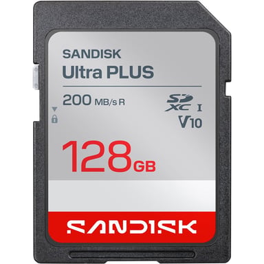 Carte mémoire SDXC SanDisk Ultra PLUS 128 Go UHS-I V10 jusqu'à 200 Mo/s Gris Rouge Blanc - Neuf