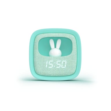 MOB – MOBILITY ON BOARD Réveil et Veilleuse pour Enfant Billy Clock - Motif Lapin - Face Avant Tissu - Cadre Plastique Soft-Touch - Programmation de la Date, de l'Heure et de 3 Alarmes (Turquoise)