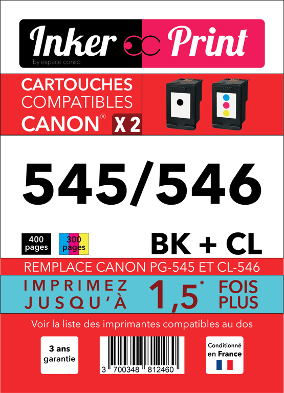 Pack de Cartouches d'encre recyclées compatibles avec CANON 545 / 546 XL  (Noir et Couleurs) - Mobility Lab