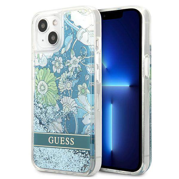 Guess Coque - Liquid Glitter Flower - iPhone 13 - Bleu/Vert - Protection TPU