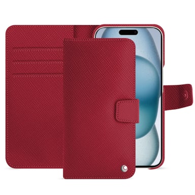 Housse cuir Apple iPhone 15 - Rabat portefeuille - Rouge - Cuir saffiano