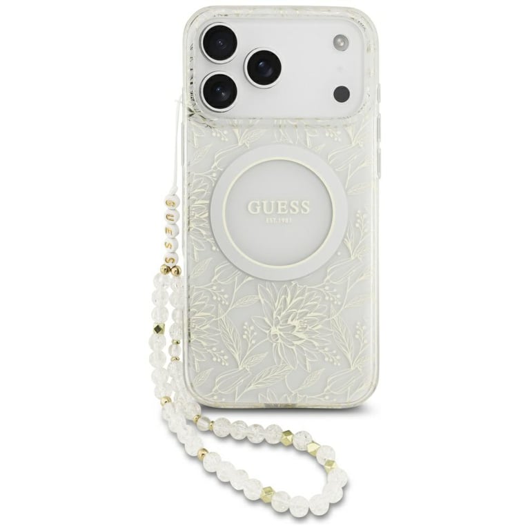Guess Etui IML Flowers Electro Pearl Strap MagSafe do iPhone 17 Pro Max bia?y