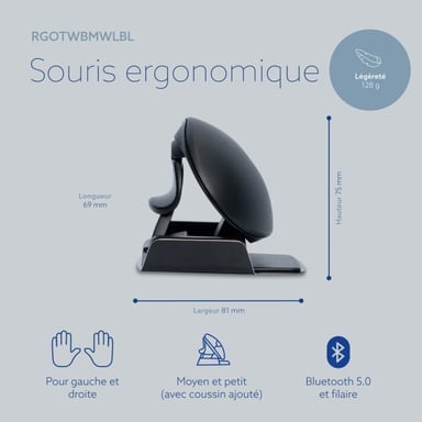 R-Go Tools Mouse ergonomico R-Go HE Twister con software di pausa, ambidestro per utenti destri e mancini, medio (lunghezza della mano 165-185 mm), con cavo e Bluetooth, nero