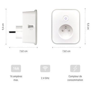 Prise connectée WiFi + Bluetooth® 2 prises USB A avec Compteur 16A Konyks
