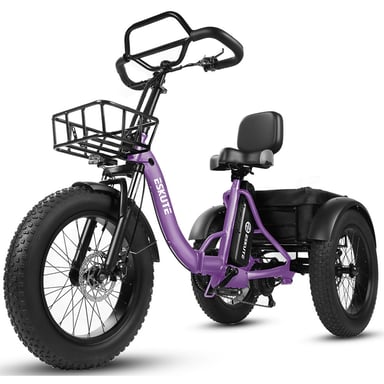 Triciclo eléctrico de carga ESKUTE T302 Pro, batería de 48 V y 20,8 Ah, con respaldo en el asiento trasero y cestas delanteras y traseras - Morado