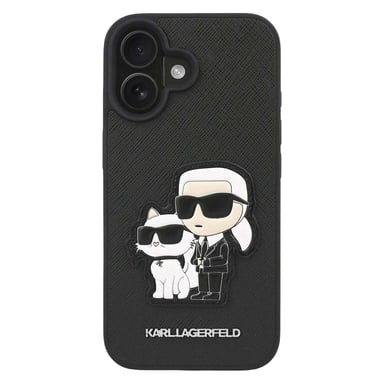 Custodia per iPhone 16 Design Karl e Choupette con Finitura Saffiano Granata