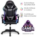 Amstrad AMS-900-LED-GAMER - Fauteuil gaming noir et gris - Serigraphie ''Gamer'' - Eclairage LED 366 effets - Télécommande