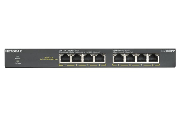 NETGEAR GS308PP Non-géré Gigabit Ethernet (10/100/1000) Connexion Ethernet, supportant l'alimentation via ce port (PoE) Noir - Neuf