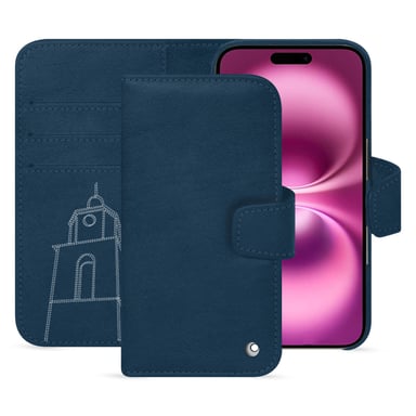 Étui portefeuille cuir Apple iPhone 16 Plus -  - Blu mediterran ( Pantone #0E3043 ) - Cuir lisse premium