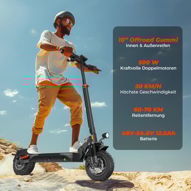 isinwheel T4 Monopattino elettrico con certificazione ABE, batteria da 1000 W 48 V 12,5 Ah, monopattino per adulti fuoristrada da 10 pollici con controllo tramite app