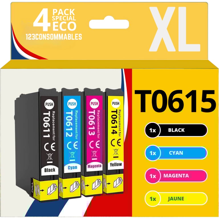 123CONSOMMABLES T0615 Cartouches compatible avec Epson T0615 T0611 T0612 T0613 T0614 pour Stylus D120 D78 D92 DX4000 DX8000 SX110 SX200 Neuf