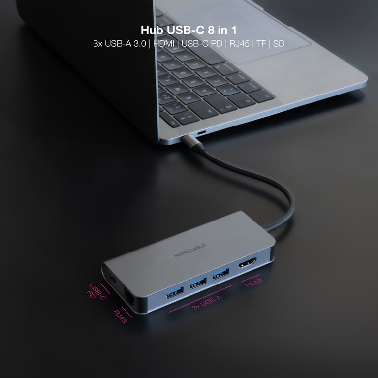 NANOCABLE 10.16.4609 – Hub USB C 8 en 1 Convertisseur USB C 3.1 vers 3xUSB A 3.0 + HDMI 4K@60Hz + USB C PD + RJ45 1Gbps + TF + SD Aluminium 18 cm - vue 2