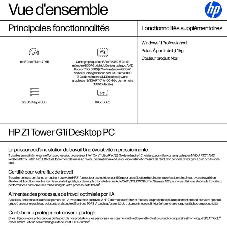 HP Z1 Tower G1i Intel Core Ultra 7 265 16 Go DDR5-SDRAM Windows 11 Pro Station de travail AI Workstation, AI PC - Neuf