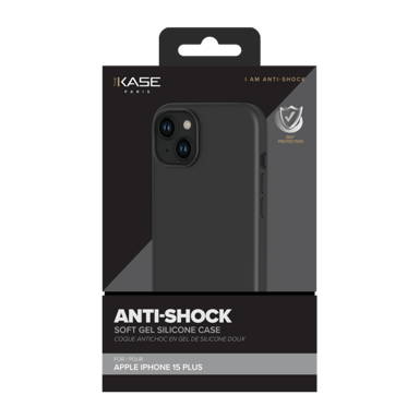 Coque antichoc en gel de silicone doux pour Apple iPhone 15 Plus, Noir satin