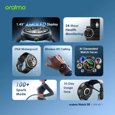 oraimo Watch 5R – Reloj inteligente AMOLED 1,43'', seguimiento de salud, 100+ deportes, batería de larga duración, IP68