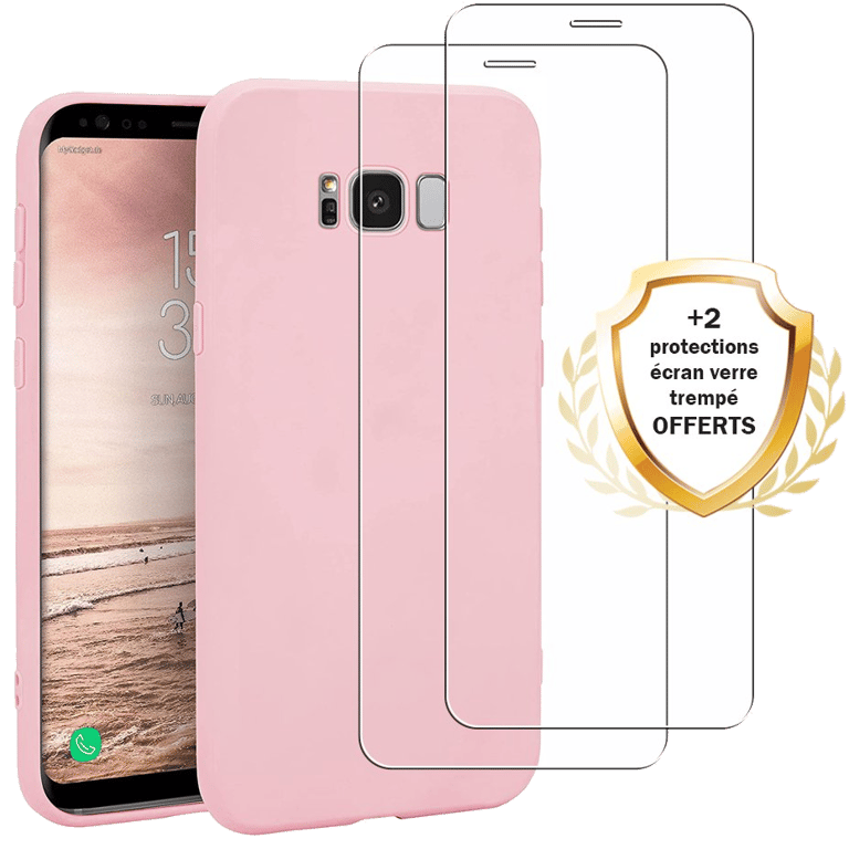 Evetane Coque Samsung Galaxy S8 Silicone liquide Rose + 2 Vitres en Verre trempé Protection écran An