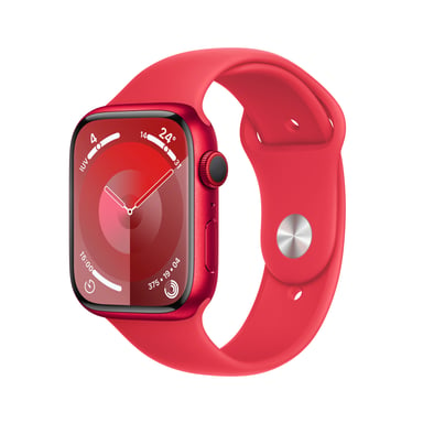 Watch Series 9 GPS + Cellulaire, boitier en aluminium de 45 mm avec boucle en caoutchouc, Rouge, S/M