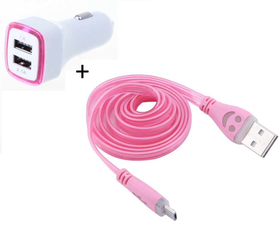 Pack Chargeur Voiture pour Smartphone Micro USB (Cable Smiley + Double Adaptateur LED Prise Allume Cigare) Android