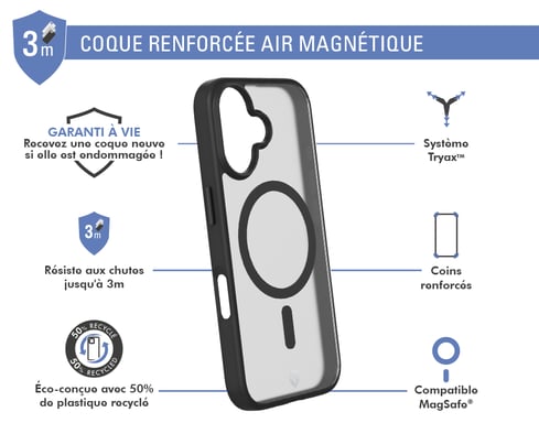Coque renforcée MagSafe iPhone 16 AIR Frost 3m Noire + Garantie à vie Force Case