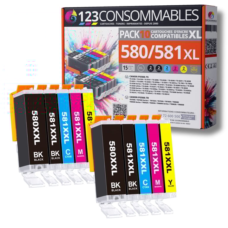 123CONSOMMABLES 580XXL 581XXL Cartouches d'encre Compatible avec Canon 581 580 pour TS8150 TS6150 TS8250 TS6151 TR8550 TR7550 TS8151 TS9150 8 / 4 Cyan / 4 / 4 Jaune Neuf