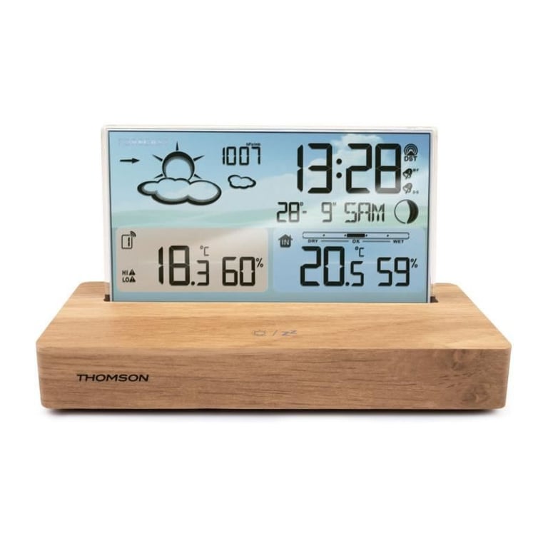 Réveil station météo - THOMSON - Bois clair - Affichage température, Hygrométrie, Double alarme, USB-C, Sonde sans fil - Neuf