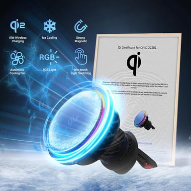 MINIX Cargador de Coche Inalámbrico MagSafe Qi2 15W con Tecnología de Refrigeración por Hielo 2025 y Ventilador Activo, Compatible con iPhone 12/13/14/15/16, Carga Rápida y Magnética