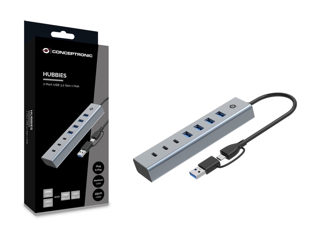 Conceptronic HUBBIES20G hub & concentrateur USB 3.2 Gen 1 (3.1 Gen 1) Type-C 5000 Mbit/s Gris - Neuf