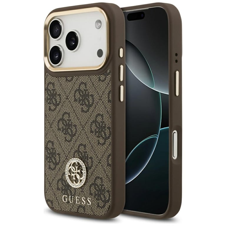 GUESS  Coque arri&egrave;re en cuir avec logo Strass classique et MagSafe Apple iPhone 17 Pro - Marron