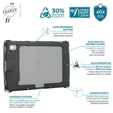 Custodia per tablet Zebra ET40 ET45 10'', protezione militare rinforzata, Made in France, accessori di ricarica compatibili, antimicrobico, nero