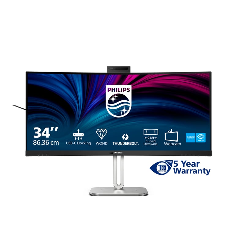 Philips 34B2U6603CH Moniteur incurvé WQHD 34 Pouces réglable en Hauteur Haut parleurs Webcam 5 MP Suppression du Bruit HDR400 3440x1440 HDMI DisplayPort USB C Hub USB