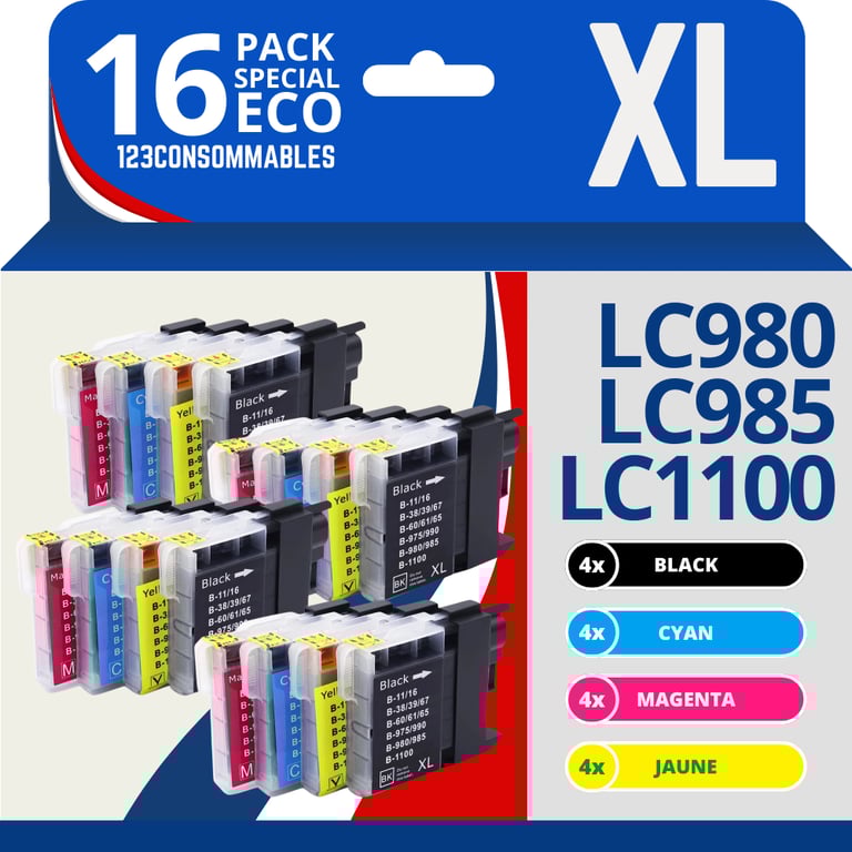 123CONSOMMABLES LC1100 LC980 LC985 Pack 16 cartouches compatibles avec Brother DCP DCP 585CW DCP DCP 375CW MFC 990CW MFC 6490CW MFC 490CW MFC 5890CN MFC J615W Neuf