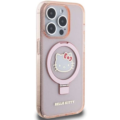 Custodia Hello Kitty per iPhone 15 Pro 6.1'' rosa Custodia rigida Ring Stand Glitter Electrop Logo MagSafe