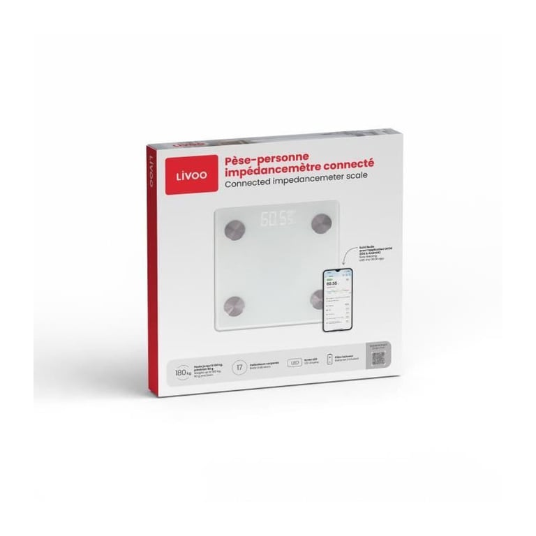 Pèse personne impédancemètre connecté LIVOO DOM528W 17 indicateurs Max 180 kg 8 profils LED - vue 3